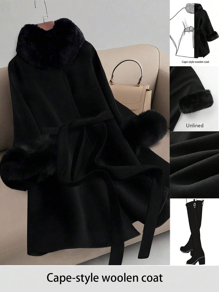 SHEIN PETITE 娇小女款兔毛领拼接休闲修身棉质外套，秋冬款