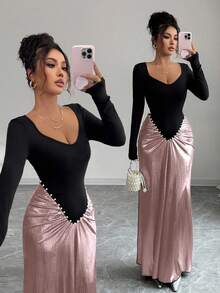 Selianne Damen Farbblock Langarm Kleid mit Perle Dekor und Raffung, elegantes Design - Pink - Übersicht 1