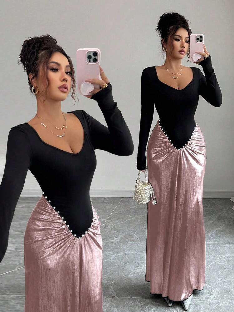 Selianne Women's Color Block Long Sleeve Faux Pearl Decor Ruched Elegant Dress - Pink - View 1