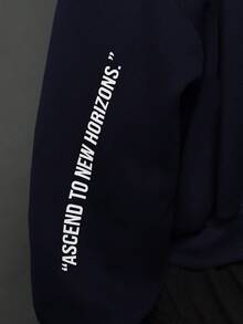 SUMWON 优质冬季短款拉链连帽衫超大码运动衫，侧面文字印花，街头风格休闲秋季时尚宽松现代美学 - 藏蓝色 - 查看 6