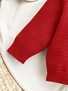 SHEIN 新生女宝宝冬季保暖毛衣、裤子和帽子套装 - 紅色 - 查看 3