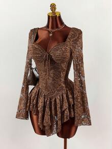 Y2K Amplova Women's Long Sleeve Mini Dress, Lace Long Sleeve Asymmetrical Hem Sexy Minimalist Bust Ruched Mini Dress, Suitable For Dates, Comes With Underpants To Prevent Exposure Simeon Slay Diva Dress Ronhire Coffee Brown Dress Brown Romper Women Christmas Outfit For Women New Year Dress Brown Sexy Dress - Coffee - View 10