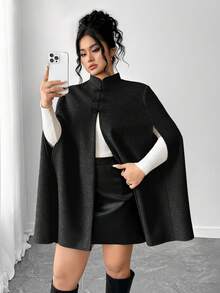 Elenzga Áo choàng len cổ khóa thanh lịch cỡ lớn cho nữ - Màu xám đen - Xem 5