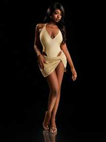 Amplova Conjunto de mono cómodo de color metálico y minifalda con brillo para mujer