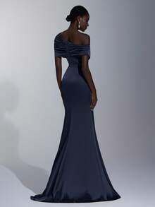 Elitara 优雅、浪漫、性感、时尚、绿色、弹力缎面、鱼尾下摆、拖尾、潮流、网红、假日、度假、生日派对、婚礼、伴娘礼服 - 藏蓝色 - 查看 2