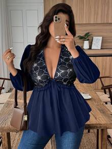EMERY ROSE Plus Size Women V-Neck Sequin Patchwork Ruffle Hem Bowknot Blouse, Autumn/Winter - Navy Blue - View 1