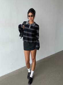 Aloruh sweat-shirt femme d'automne/hiver 2 en 1 avec polo, style collégial rayé bleu marine rétro Y2K, Top décontracté - Bleu marine - Voir 3