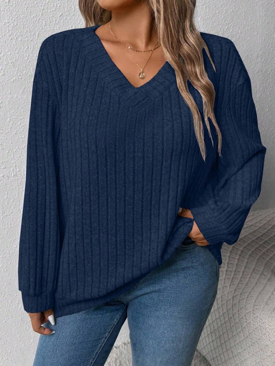 Momelise Plus Size Women's Casual Loose V-Neck Wide Ribbed Knit Pullover Sweatshirt For Outdoor, Autumn/Winter Graduation,Back To School,Teacher Fall - Navy Blue - View 1