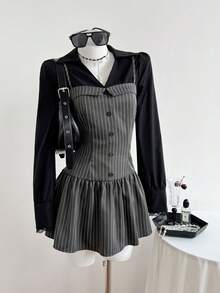 Elamini Women's Elegant Outfit, Casual Daily Wear, Versatile Commute, Black Long Sleeve Shirt With Adjustable Strap, Striped Short Dress, 2-Piece Set, Autumn/Winter - Multicolor - View 3