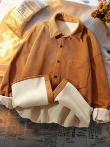 Franclia 加厚保暖内衬，韩版宽松版型，时尚青春，百搭卡其色灯芯绒撞色保暖内衬长袖翻领纽扣设计，单口袋，秋冬女式衬衫/外套。 - 卡其色 - 查看 8