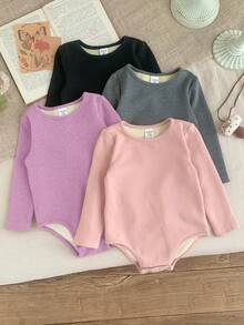 SHEIN 4件套女婴纯色针织长袖连体衣，休闲简约风格，适合室内、户外滑雪、日常穿着、运动、玩耍、派对、摄影、圣诞节以及秋冬季其他场合。 - 彩色 - 查看 6