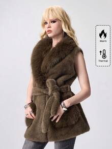 ROMWE EDITION Damen einfarbige Jacke mit geknoteter Taille, ärmellos, mit Kunstfell, Herbst/Winter - Grau - Übersicht 10