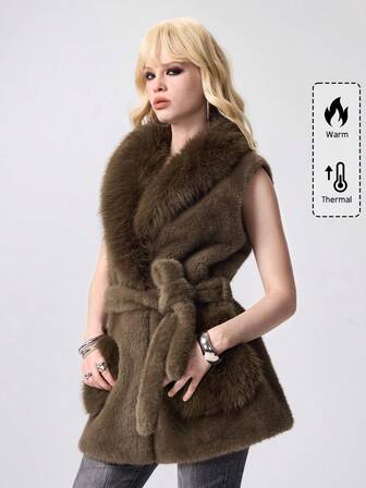Grunge Punk Women's Solid Color Knotted Waist Fashionable Sleeveless Faux Fur Jacket, Autumn/Winter