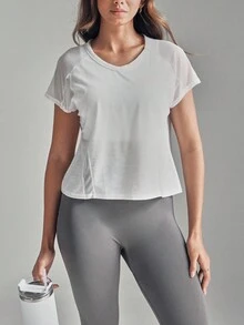 SHEIN Sports 女式纯色圆领插肩短袖运动T恤 - 白色 - 查看 4