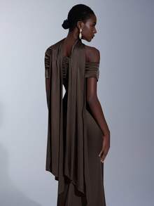 Elitara Elegant, Romantic, Sexy, Fashionable, Green, Stretch Satin, Fishtail Hem, Trailing, Influencer, Holiday, Vacation, Birthday Party, Wedding Event, Bridesmaid Dress - Coffee Brown - View 3