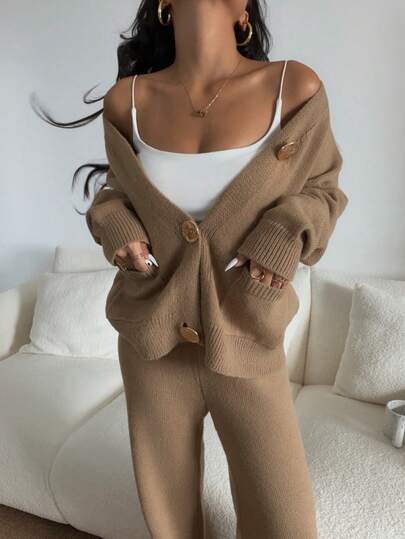 Elyressa 2pcs Set: Knit Cardigan & Wide Leg Pants With Golden Buttons