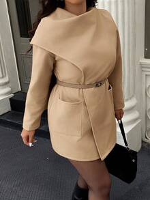 Easura Plus Size Women's Solid Color Long Sleeve Scarf Collar Pocket Design Woolen Coat, Autumn/Winter - Khaki - View 6