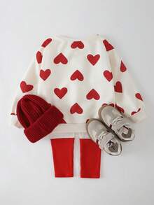 THE HAPPY LOOK 2pcs/Set Young Girl Heart Pattern Knit Soft Crew Neck Long Sleeve Pullover Sweatshirt And Elastic Waist Long Pants - Apricot - View 8