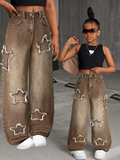 SHEIN Jeans rectos holgados de color caqui con patrón de estrella desgastado y desgarrado, para niñas preadolescentes, ropa de otoño para volver a la escuela, conjuntos de ropa de calle