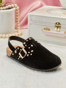 Mini mi #StarryWalk 儿童铆钉搭扣装饰仿麂皮黑色后跟带木屐——适合活泼小脚丫的酷炫套脚鞋 - 黑色 - 查看 7