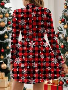 SHEIN LUNE Funnel Neck Plaid Casual Minimalist Christmas Pattern Dress Without Belt For Women, Clothes Suitable For Autumn/Winter - Multicolor - View 2