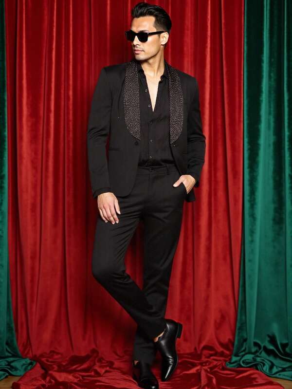 HIMLAND Men's Business Gentleman Shawl Collar Single-Breasted Suit Jacket And Trousers Set