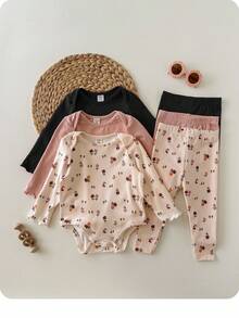 Newborn Baby Girl Cute Casual Ditsy Floral Elastic Knit Long Sleeve Bodysuit, Autumn/Winter