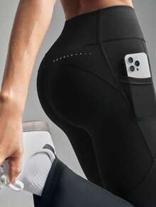 SHEIN Sports 女士高腰带口袋休闲健身喇叭裤 - 黑色 - 查看 2