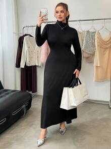 SHEIN EZwear 大码黑色高领长款休闲连衣裙，适合约会、外出和通勤，秋冬季百搭之选 - 黑色 - 查看 6