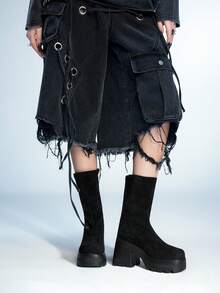 Sugerpunk Women's Gothic Round Toe Chunky Heel Mesh Elastic Ankle Boots, Outdoor Slip-On Mid-Calf Boots, Spring/Autumn New Style