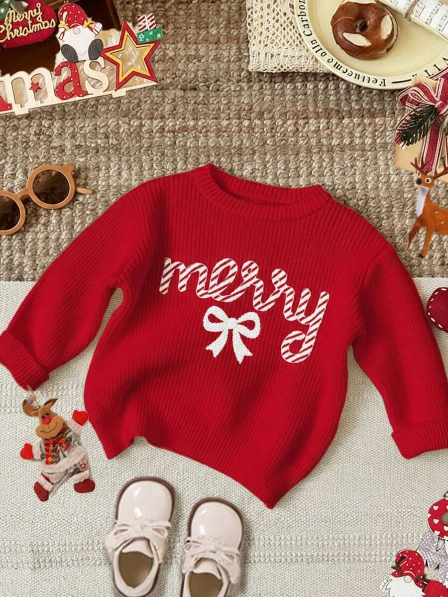 SHEIN Happikins 红色圣诞甜美条纹“Merry”刺绣蝴蝶结毛衣,少女休闲简约保暖柔软宽松圆领长袖毛衣,适合秋冬季、圣诞节、新年、假日、舒适季节、圣诞氛围、圣诞礼物、秋冬叠穿、秋冬圣诞服装、时尚秋季、冬季新款 - 紅色 - 查看 1