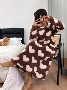 Snug Zone Women's Loose Casual Fluffy Big Heart Print Crew Neck Long Brown Lounge Dress Cute Fluffy Lounge Wear Pajama Dress , Cozy Winter Cute Lounge Set Heart Pajama Set Brown Pj Set Pajamas Lounge Set - Multicolor - View 3