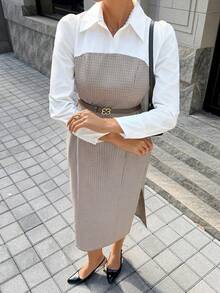 Siren Gaze 女士格子泡泡袖衬衫领优雅长裙灯笼袖连衣裙端庄两件套系带连衣裙长袖优雅连衣裙优雅中长连衣裙女士拼接二合一长裙休闲连衣裙女士休闲套装适合通勤、复古和正式场合，例如商务休闲、工作和教学办公室连衣裙女士两件套优雅商务连衣裙 - 卡其色 - 查看 6