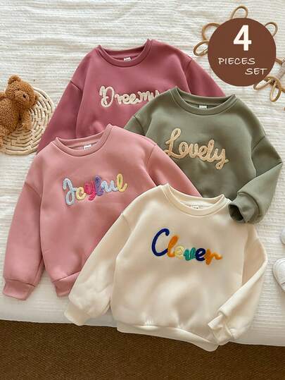 LMoss Kids LMoss 4pcs Young Girl Solid Color Embroidered Crew Neck Casual Sweatshirt Set, Cute Sweatshirt, Girl Sweatshirts, Girl Clothes Autumn And Winter Clothes, Small Girls Long Sleeves Clothes, Pull, Cozy Fall & Winter Styles, Long Sleeve Tops