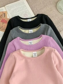 SHEIN 4件套女婴纯色针织长袖连体衣，休闲简约风格，适合室内、户外滑雪、日常穿着、运动、玩耍、派对、摄影、圣诞节以及秋冬季其他场合。 - 彩色 - 查看 9