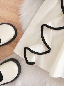 少女优雅可爱天鹅绒拼接串珠荷叶边长袖连衣裙 - 黑與白 - 查看 5