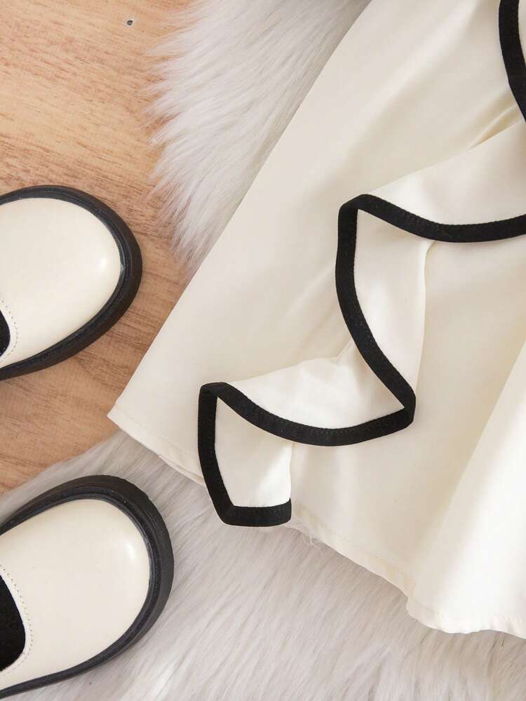 少女优雅可爱天鹅绒拼接串珠荷叶边长袖连衣裙 - 黑與白 - 查看 5