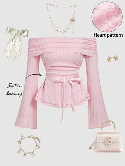 SHEIN MOD Women's Solid Color Pleated One-Shoulder Flare Sleeve Bow Decor Fashion T-Shirt, Pink Off Shoulder Top, Pink Top Women, Off The Shoulder Shirts, Christmas, Christmas Clothes For Women, New Year Women, Thanksgiving Outfit For Women, Party Top, Elegant Women's Blouses, Pink Top, Heart Pattern, Pink Blouses, Fall/Winter, Coquette