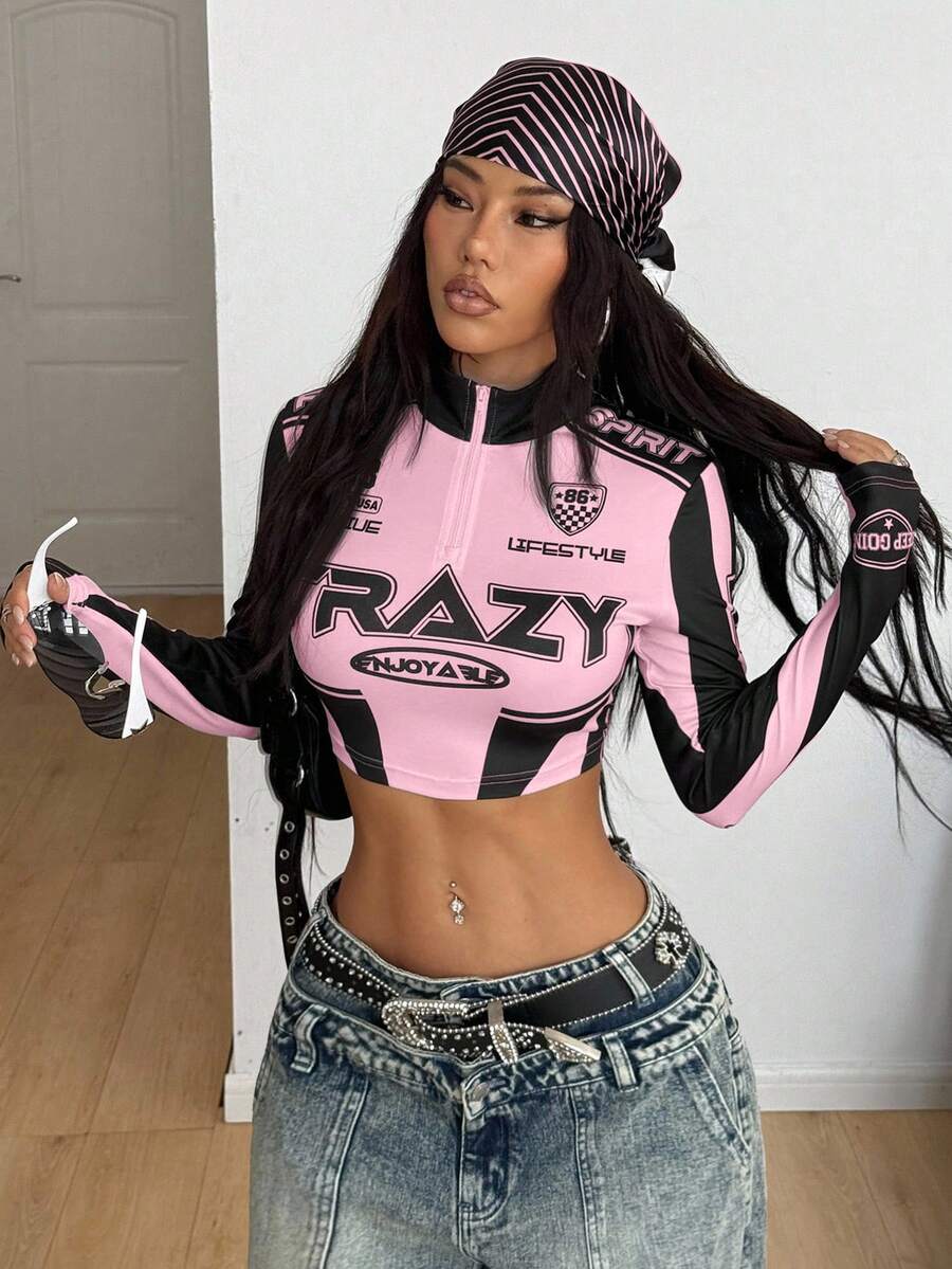 Coolane Tops de cuello alto de ajuste ceñido con mangas, de tela elástica de punto con gráficos, para el día del juego, estilo urbano para mujer - Rosa - Ver 1