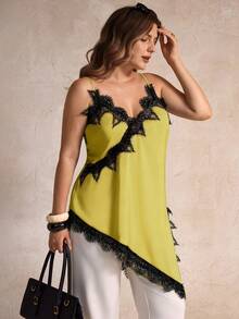 Elegantrix 大码女式都市休闲蕾丝不对称下摆 V 领拼接纯色吊带背心 - 黃色 - 查看 3