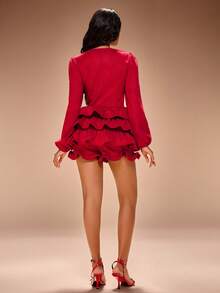 Radiana Vestido Curto Elegante e Sexy de Camurça Vermelha com Babados em Camadas, Vestido Justo de Malha em Tecido de Camurça, Adequado para Encontros, Reuniões, Aniversários, Festas, Natal, Réveillon, Boates, Festivais de Música, Feriados - Vermelho - Visão 2