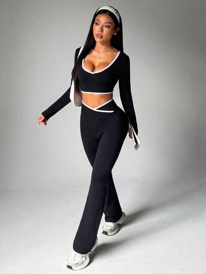 Dewbera Conjunto de ropa deportiva de mujer con cuello de pico, mangas largas y ajustado con ribete de contraste