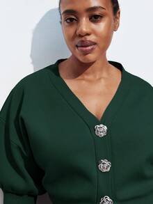 Maija Plus Size Women Floral Button Dropped Shoulder Knit Sweater, Elegant For Urban Commute, Business, Casual, Christmas, New Year Party