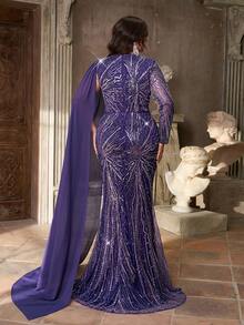 Aureia 加大码优雅浪漫紫色圆领不对称袖奢华亮片网眼拼布美人鱼下摆缀饰礼服（重度缀饰设计） - 紫色 - 查看 5