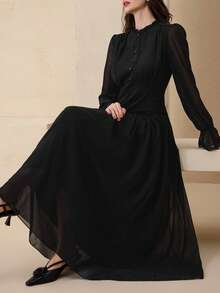 Graceveil Women's Elegant Chiffon Round Neck Decorative Button Dress, Black, Autumn/Winter - Black - View 1