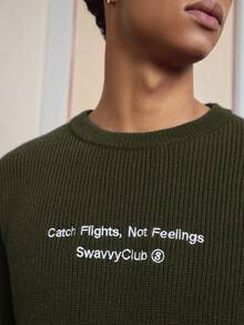 SWAVVY Jersey de cuello redondo con ajuste holgado para hombre con bordado de eslogan, otoño/invierno - Verde militar - Ver 5