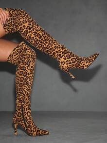 CUCCOO SZL Botas altas con puntera puntiaguda, tacón de aguja, estampado de leopardo marrón, con cristales de rinoceronte, glamorosas y sexys para actuaciones, fiestas, discotecas, mujeres con súper tacón alto - Multicolor - Ver 7