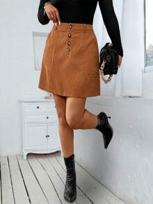 SHEIN PETITE Váy mini nhung kẻ chữ A siêu ngắn, thoải mái, đa năng dành cho nữ - màu nâu - Xem 1