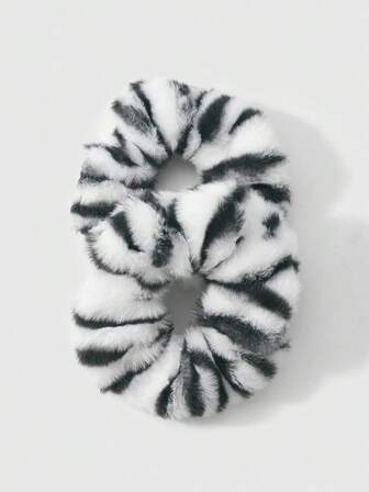 Kawaii 2pcs Retro Chic Fashionable High-Quality Black & White Leopard Print Fluffy Scrunchies Set, Versatile Combo Suitable For Women, Daily Wear Or Gift