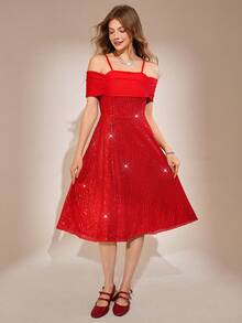Teen Girls' Sequin Casual Elegant Long Sleeve Bowknot Dress, Red - Burgundy - View 3